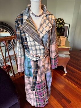 Patchwork Plaid Belted Trench Coat - Multicolor